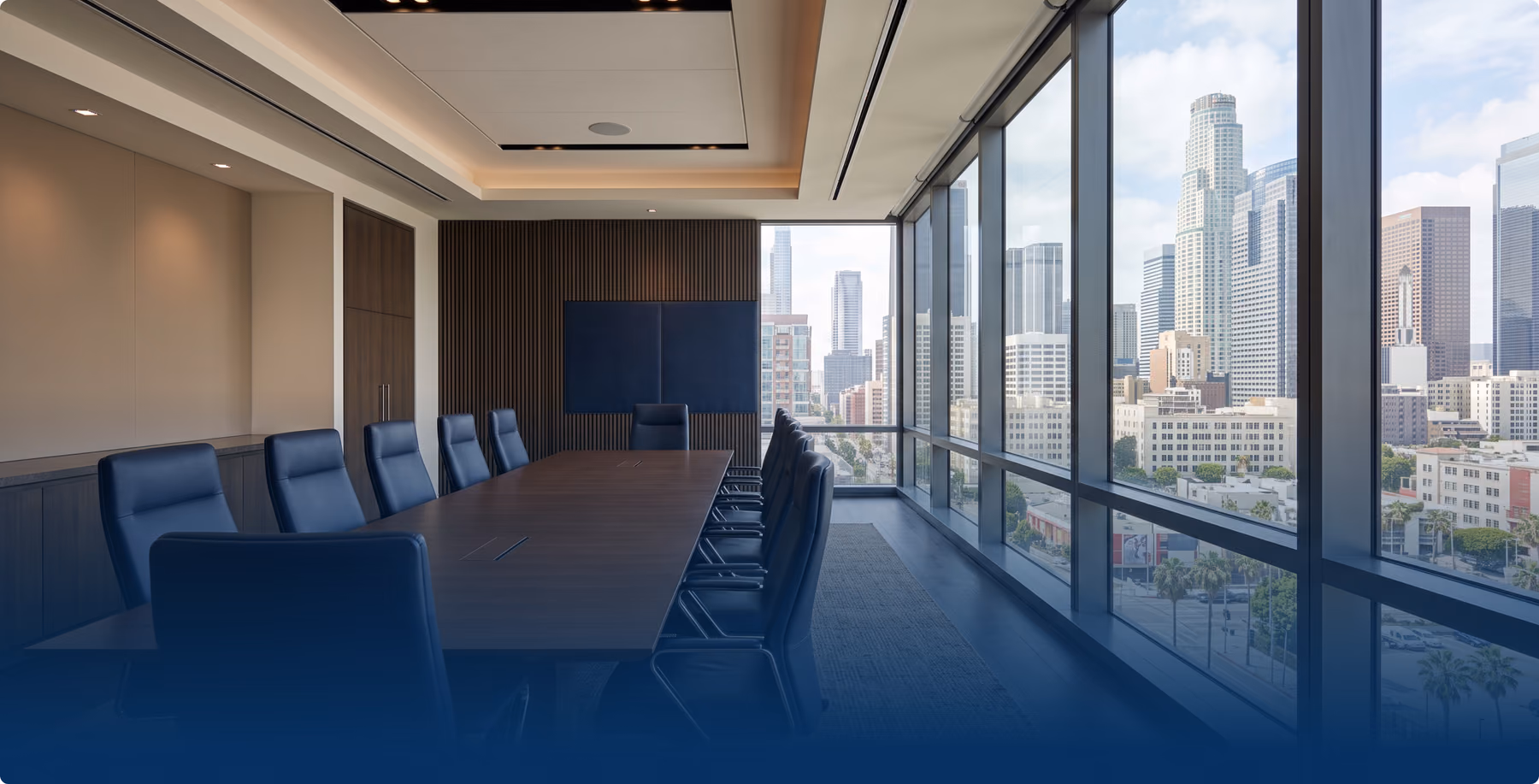 Unival Logistics Los Angeles office boardroom overlooking the downtown LA skyline
