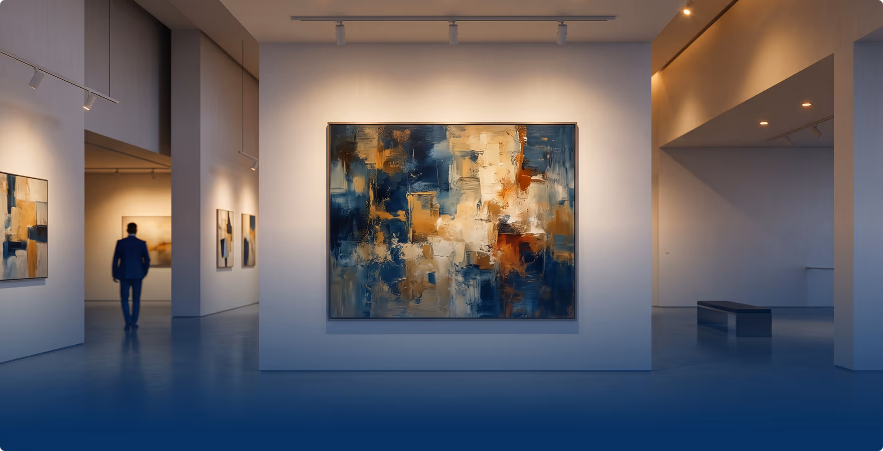 A visitor viewing a large abstract painting in a gallery