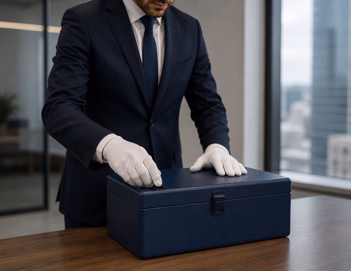 A gloved handler securing a locked cash box in an office