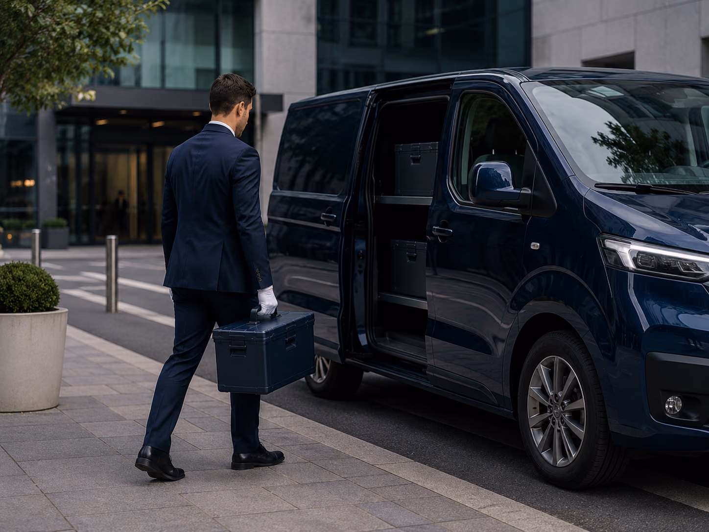 A gloved security courier carrying a locked case to a secure transport van