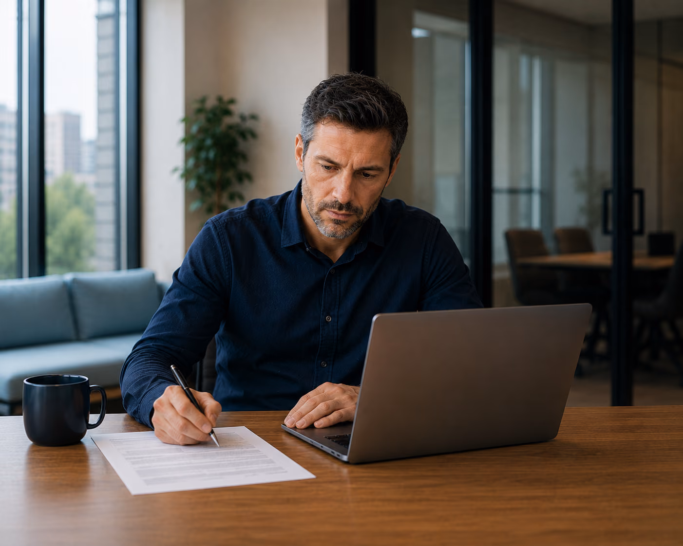 A business owner reviewing orders on a laptop while signing paperwork