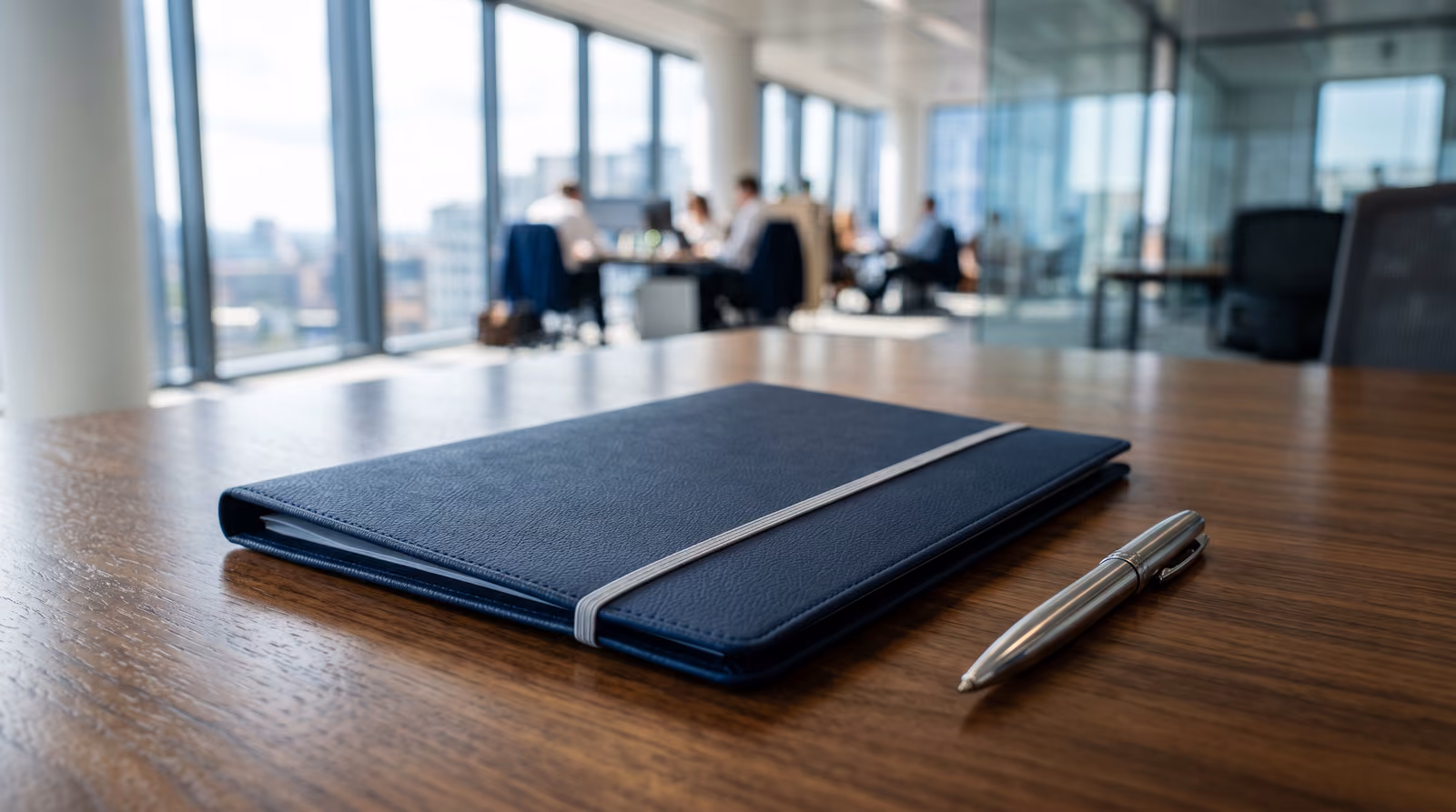 A navy document folder and pen on a meeting-room table