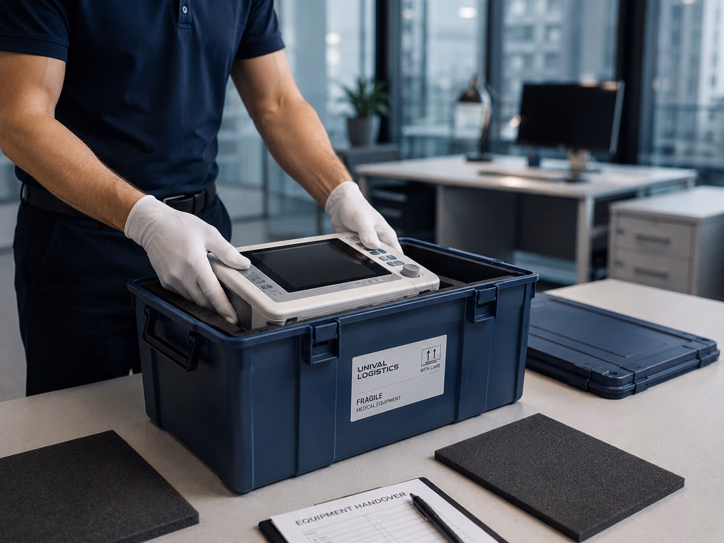 A logistics worker in gloves placing medical equipment into a protective shipping case