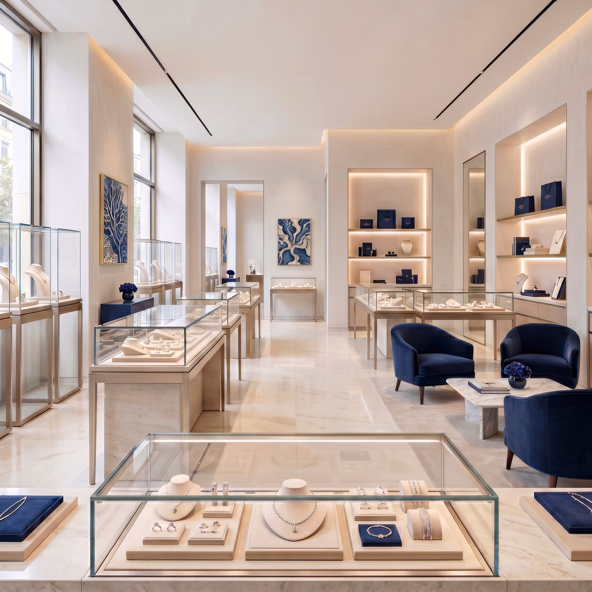Interior of a modern jewelry store with lit display cases