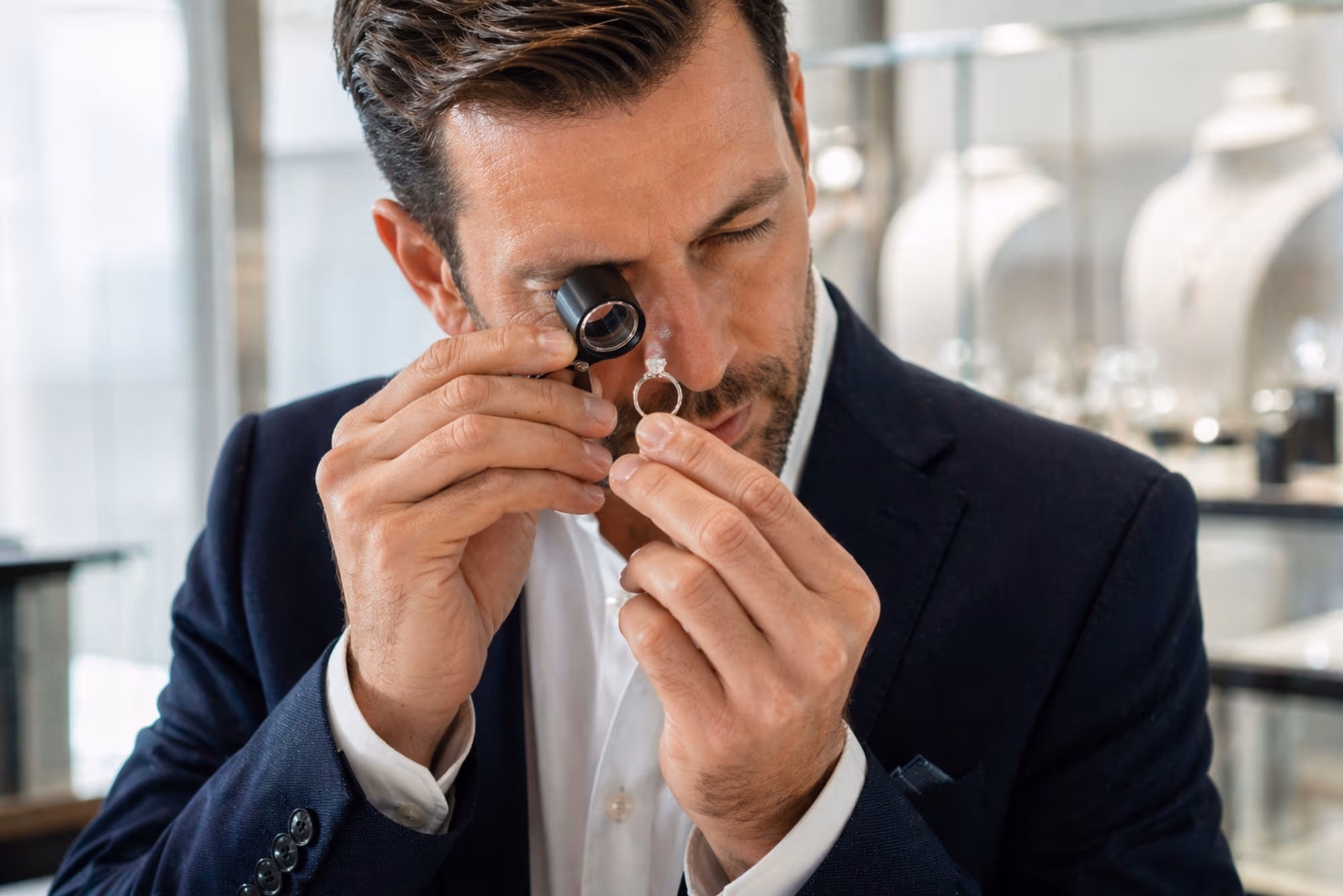 A jeweller inspecting a diamond ring through a loupe