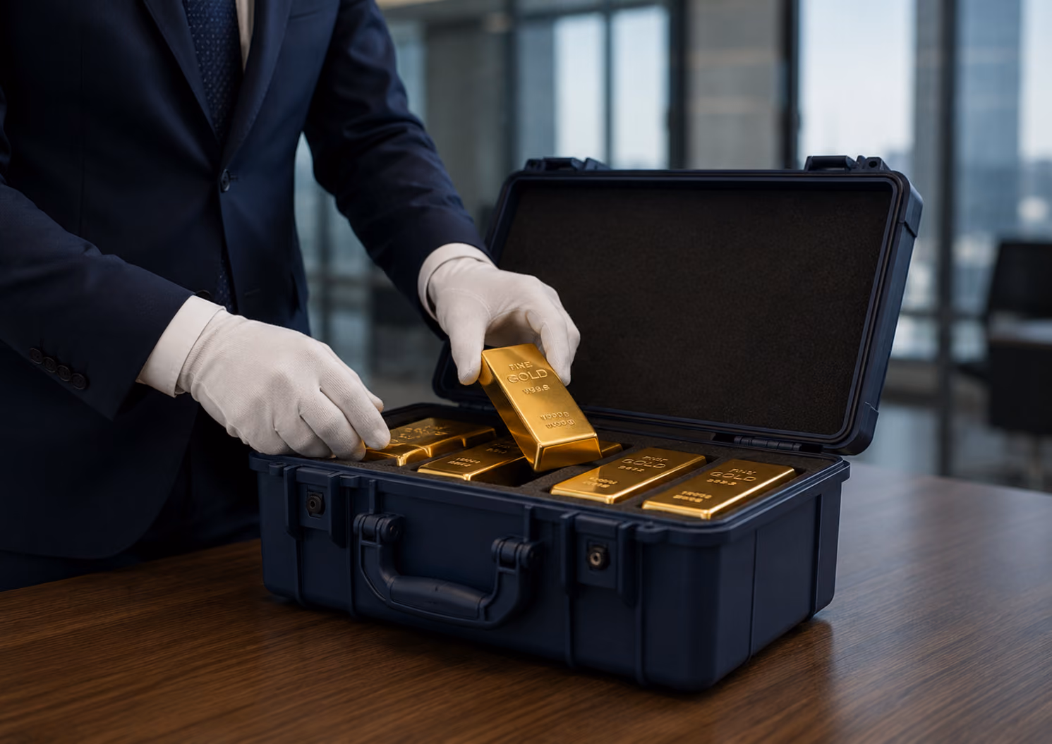 A gloved specialist placing gold bars into a secure transport case