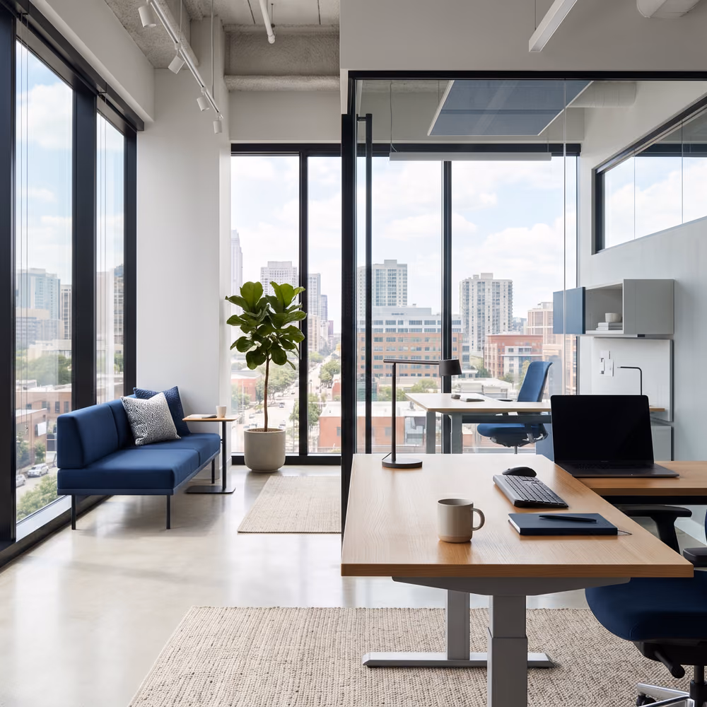 A modern technology office with laptops and workstations