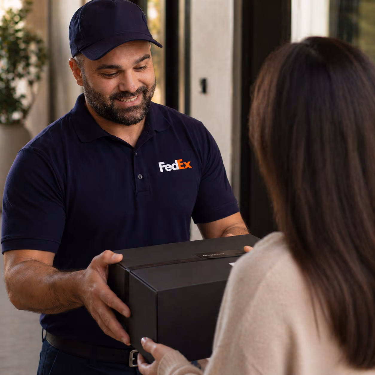 Unival courier handing a parcel to a customer
