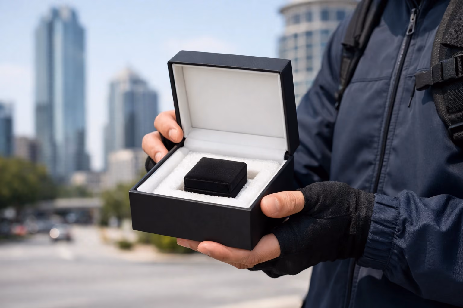 Courier handling a secure jewelry shipping box in Atlanta city background.