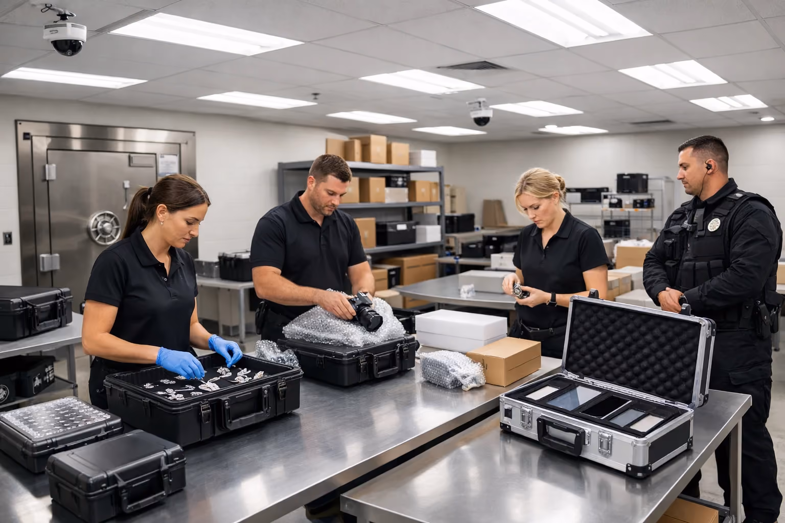 Professionals packing valuable jewelry and electronics for secure shipment in a Las Vegas facility.
