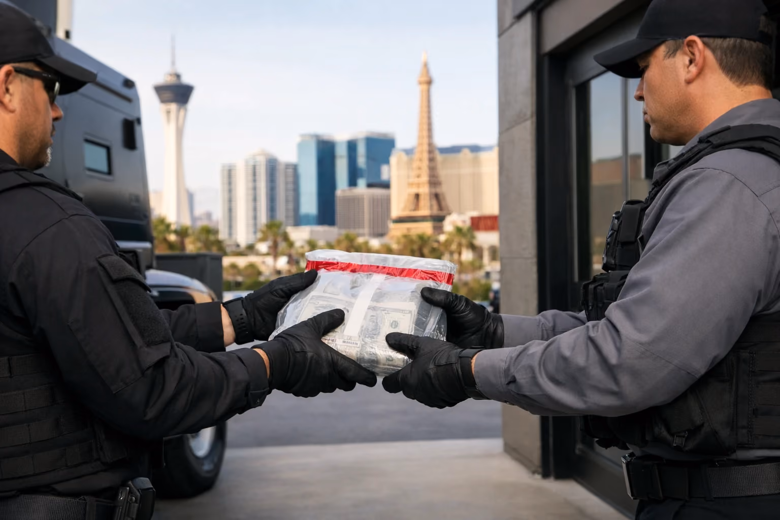 Secure cash package exchange between staff in Las Vegas with city skyline in background.
