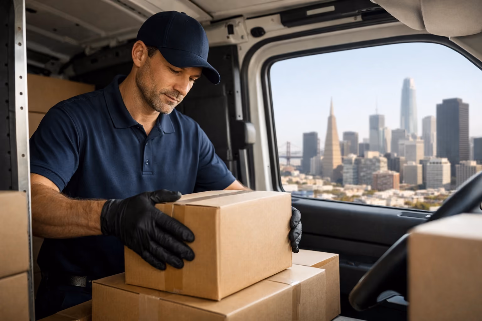 Courier handling a fragile package securely inside a delivery van with San Francisco skyline outside.