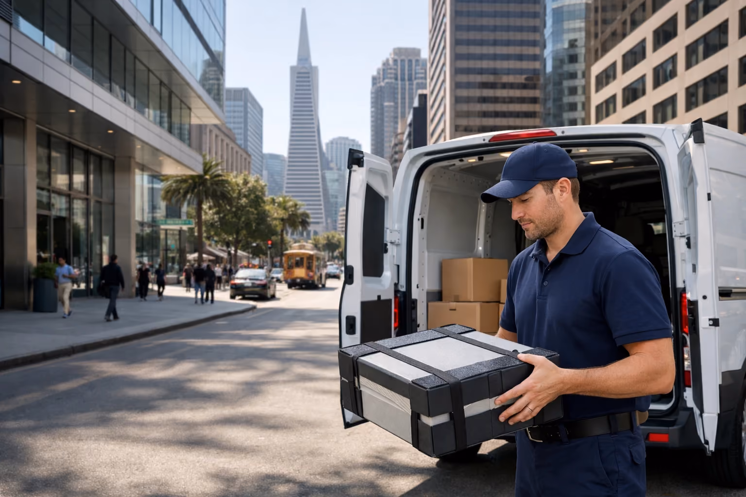 Courier handling securely packed electronics box outside office building in San Francisco.