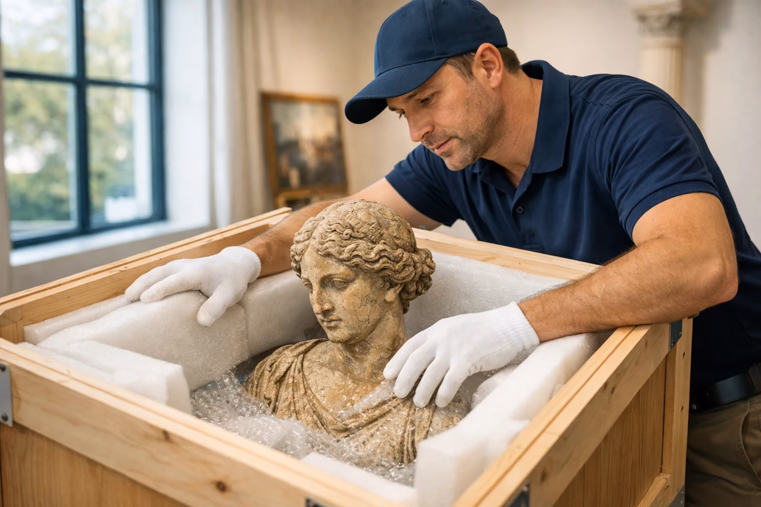 Courier packing an antique sculpture safely in a gallery space.