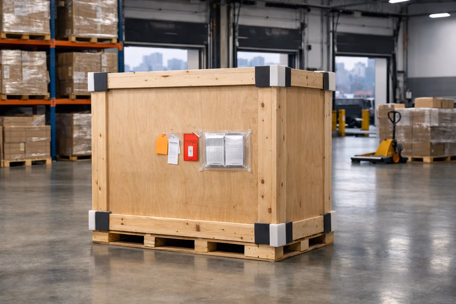 Crate packed with fine art in a warehouse ready for insured shipping in Boston.