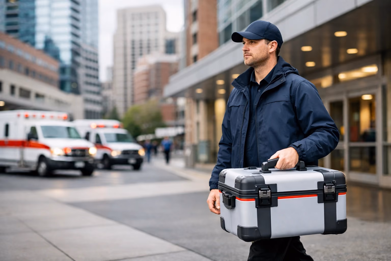 Delivery person carrying an insulated medical equipment box outside a Boston hospital entrance.