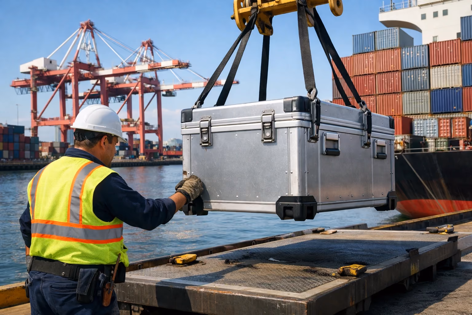 Dockworker loading secured metal container onto cargo ship at Port of Newark