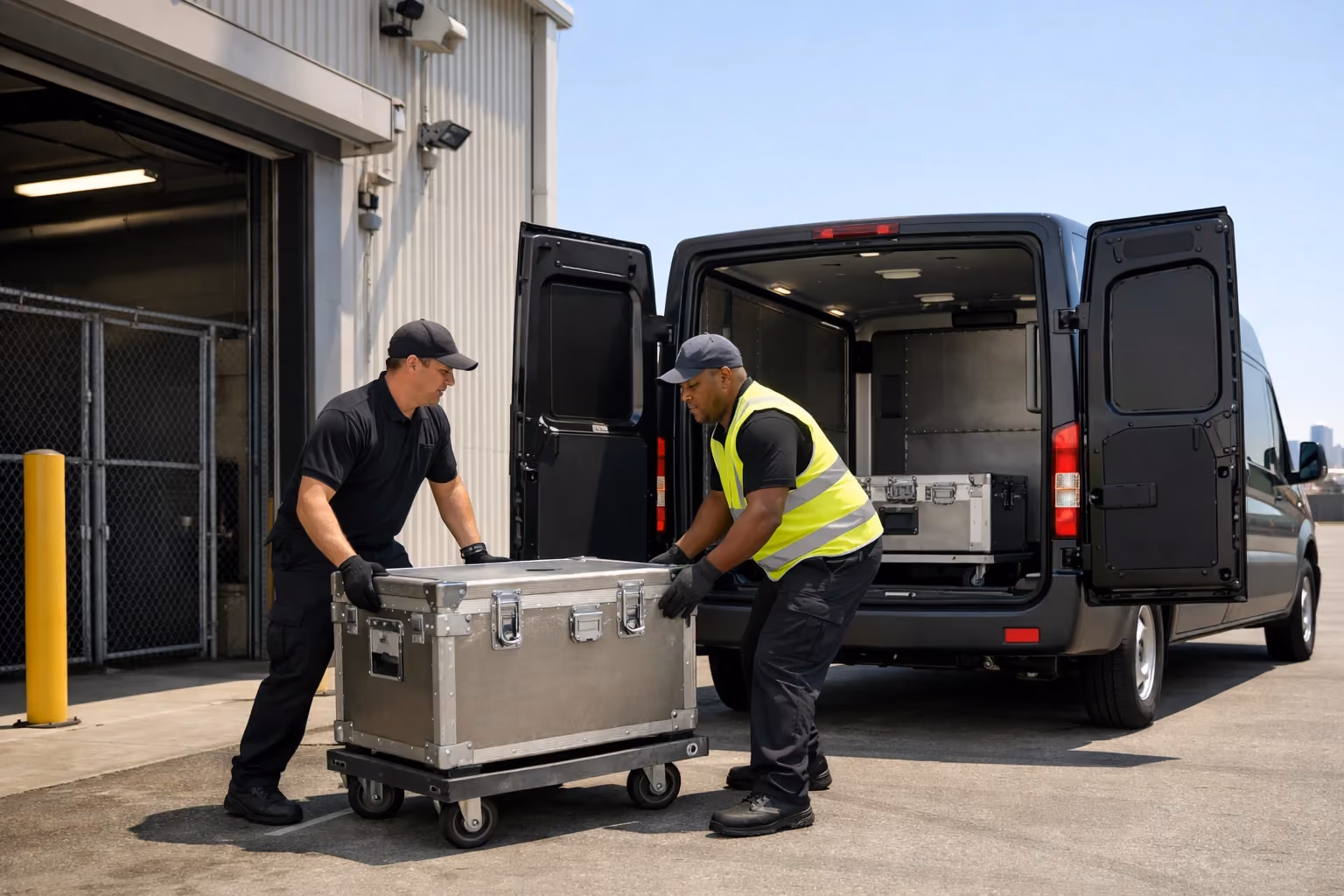 Courier loading a locked metal chest for precious metals shipment at a Newark warehouse