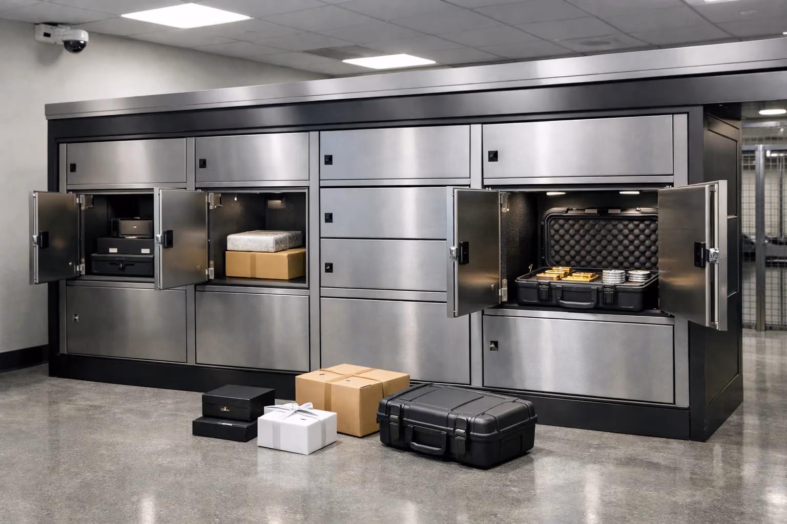 Secure logistics center with specialized lockers for high-value shipments like jewelry and electronics.