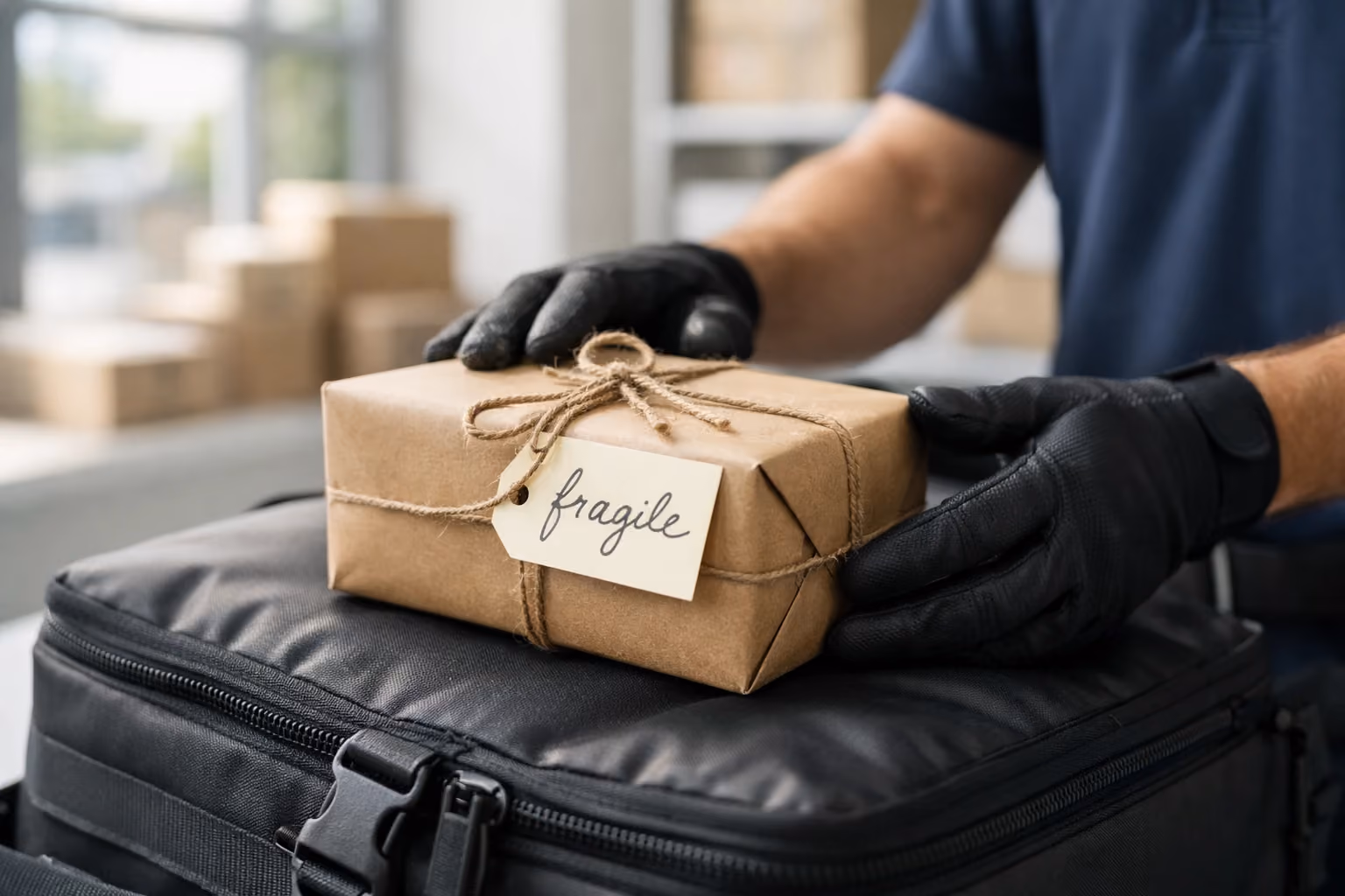 Small valuable parcel with fragile tag being handled carefully by courier in shipping facility.