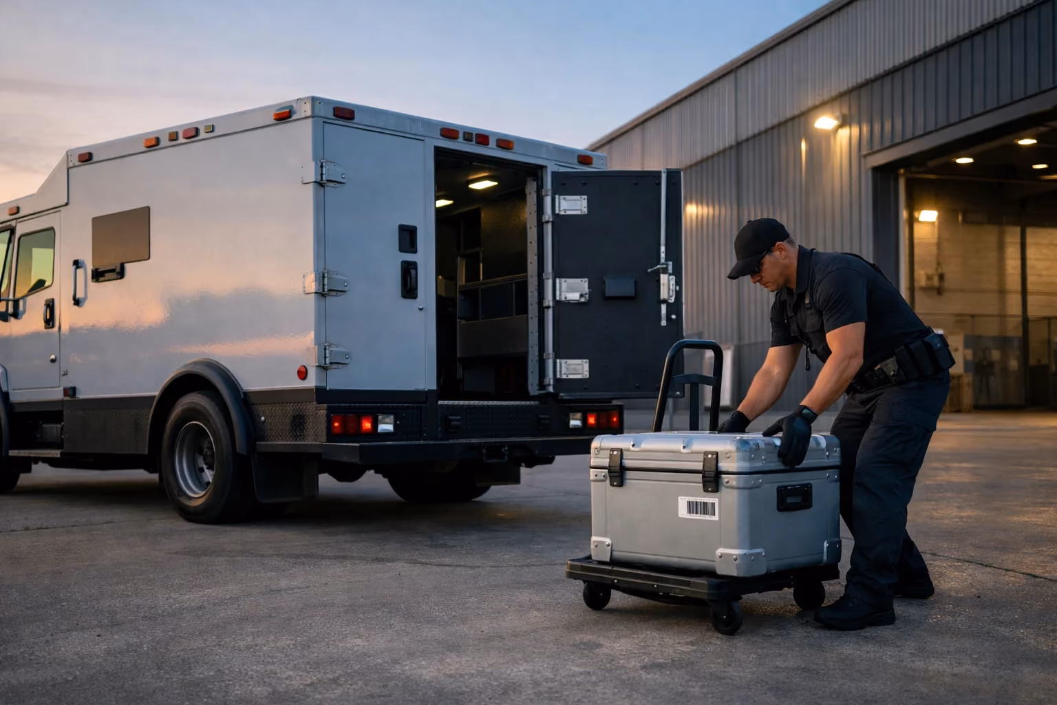 Armored vehicle and courier unloading secure shipment at industrial warehouse early morning