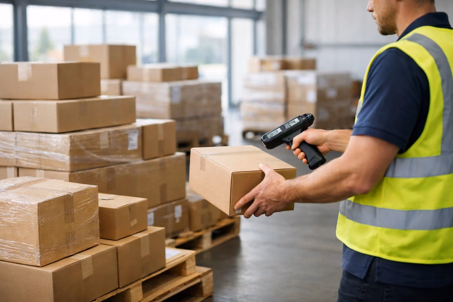 Warehouse with stacked parcels and worker scanning package for shipment