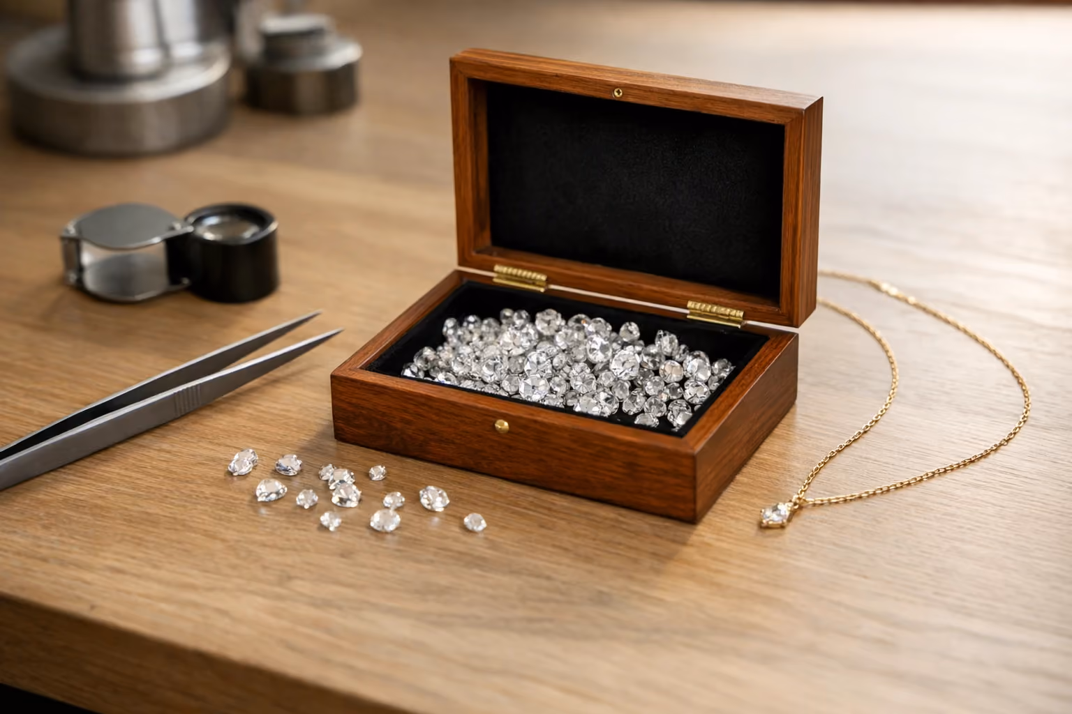Jeweler's workspace with loose diamonds and jewelry under natural light.