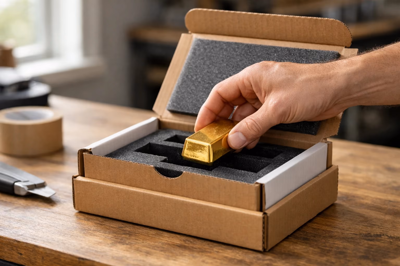 A hand placing a gold bar into a sealed shipping box in a workshop setting.
