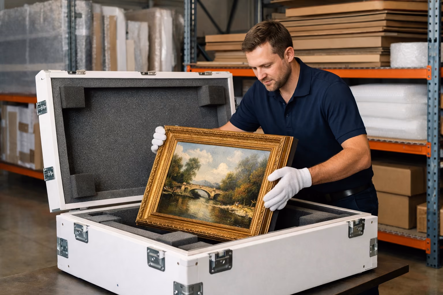 Art handler packing a framed painting securely for shipping in a crate