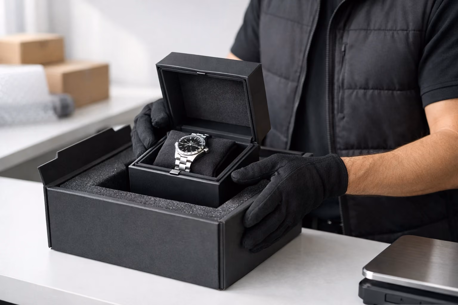A courier handling a securely packaged luxury watch in a shipping facility.