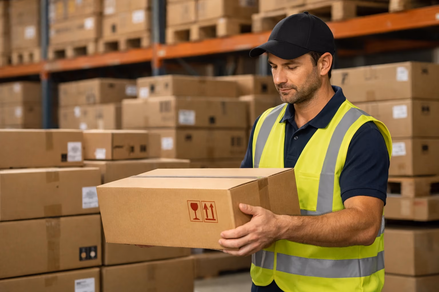 Warehouse worker handling packed laptops and electronic equipment boxes under soft lighting.