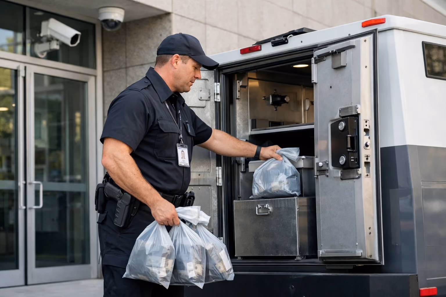 Security guard loading sealed cash bags into armored vehicle outside bank.