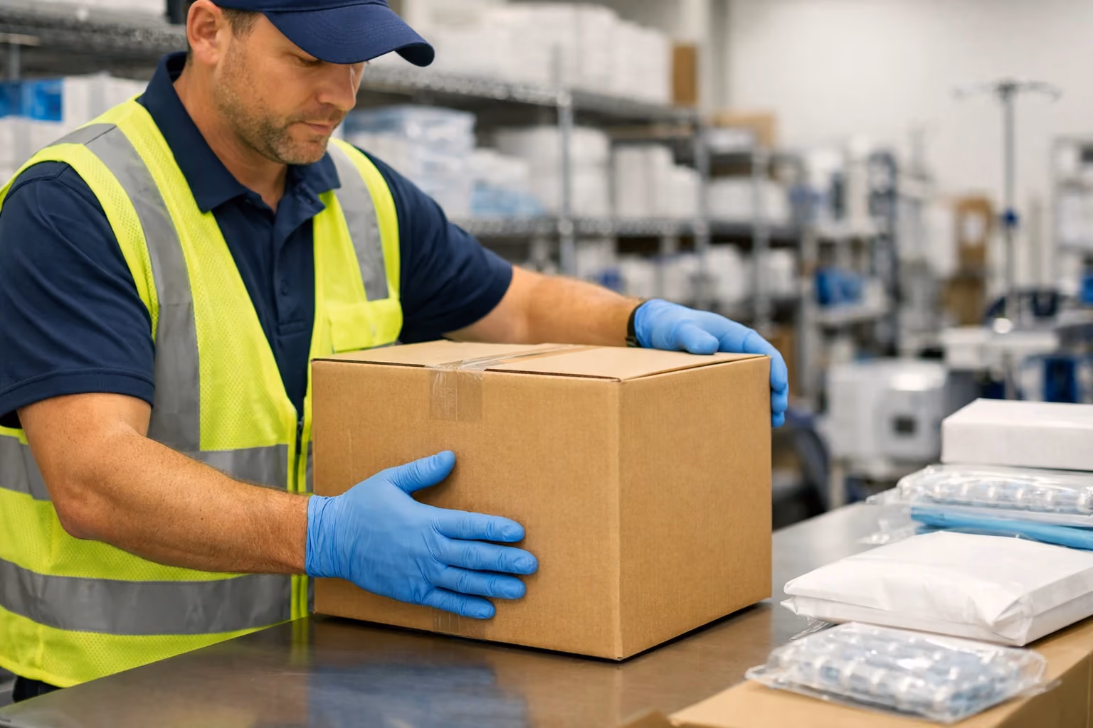 Worker handling a medical equipment package in a warehouse with organized supplies