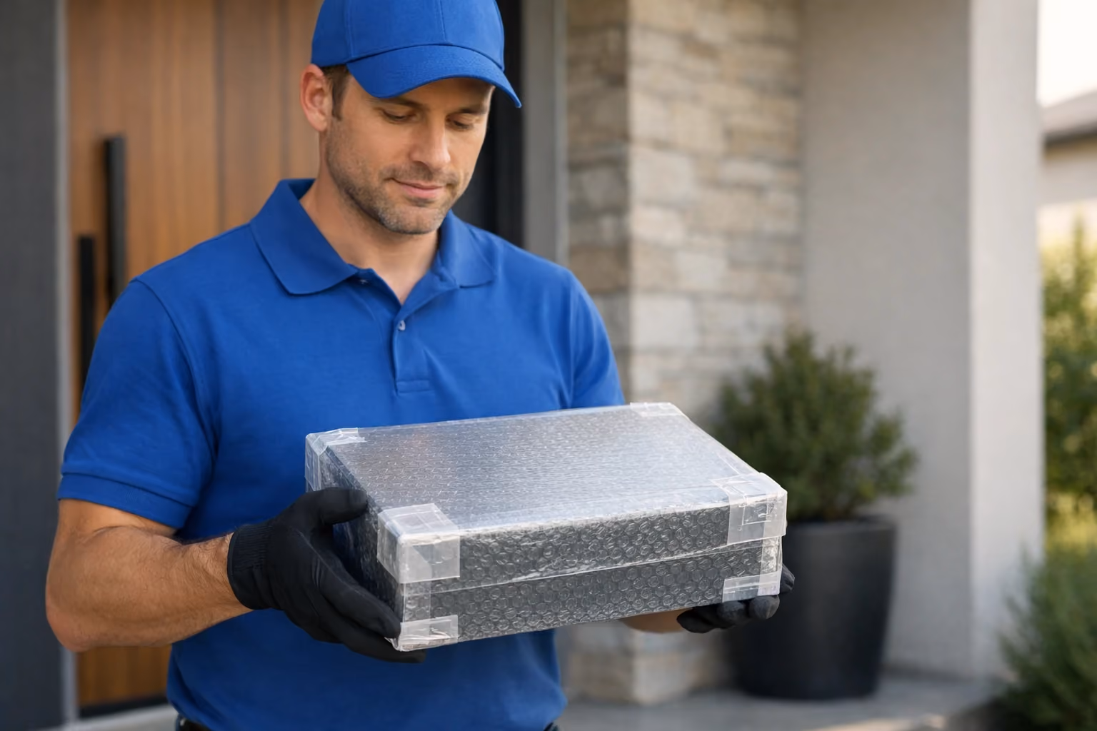 Delivery person handling a securely packaged high-value item outside a home