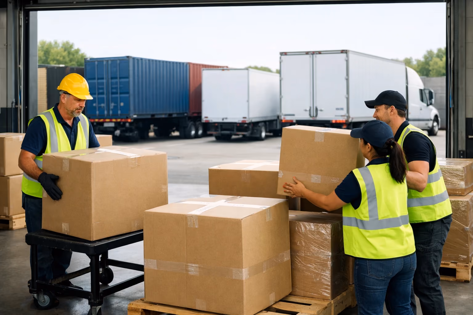 Warehouse shipping area with workers handling fragile packages and various courier trucks outside.