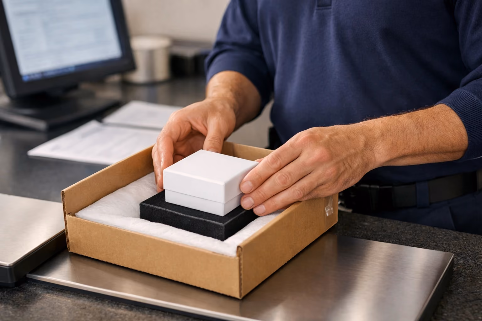 Postal worker handling a small box for shipping jewelry at a FedEx counter.