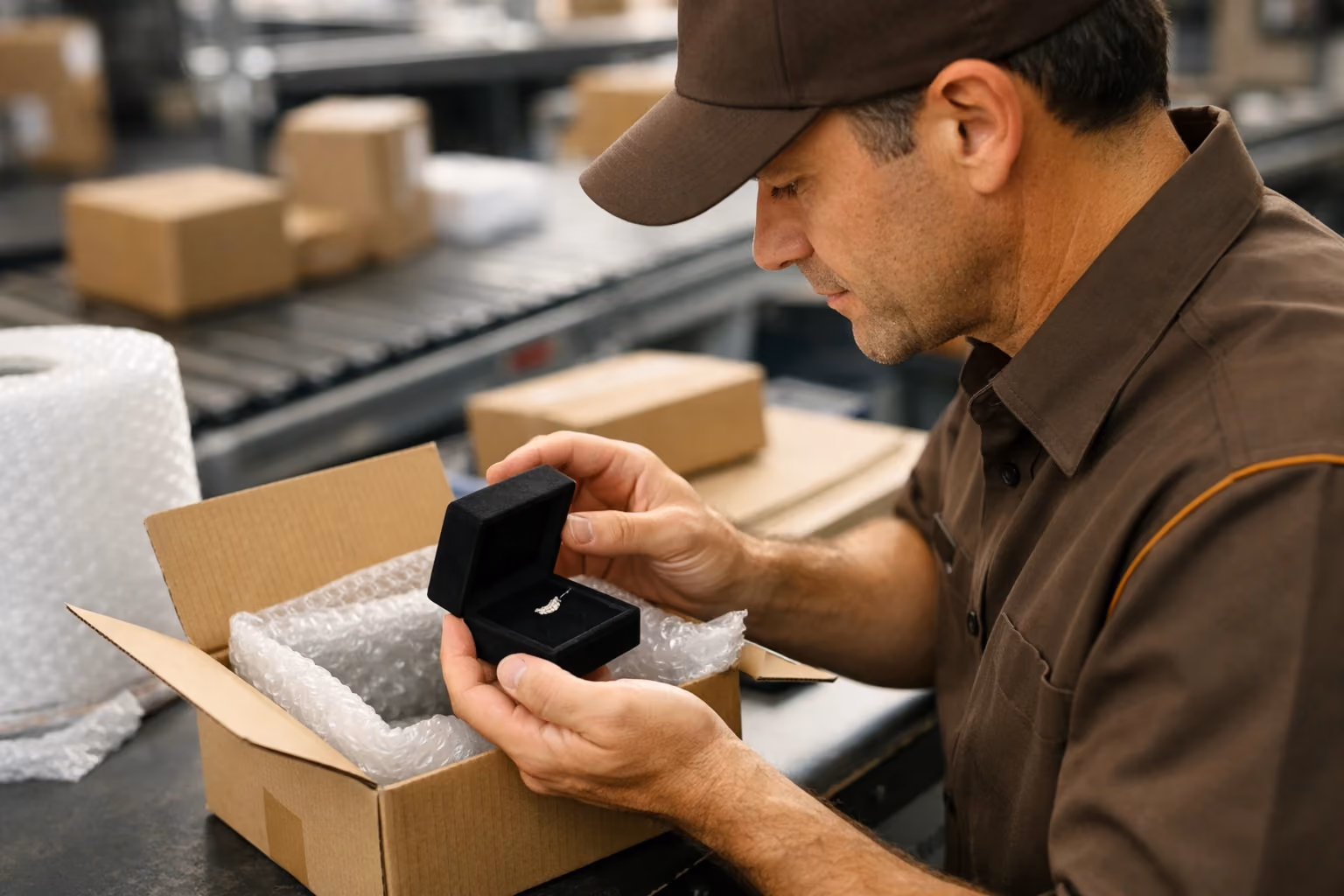 Delivery person inspecting jewelry box inside padded shipping package at UPS center.