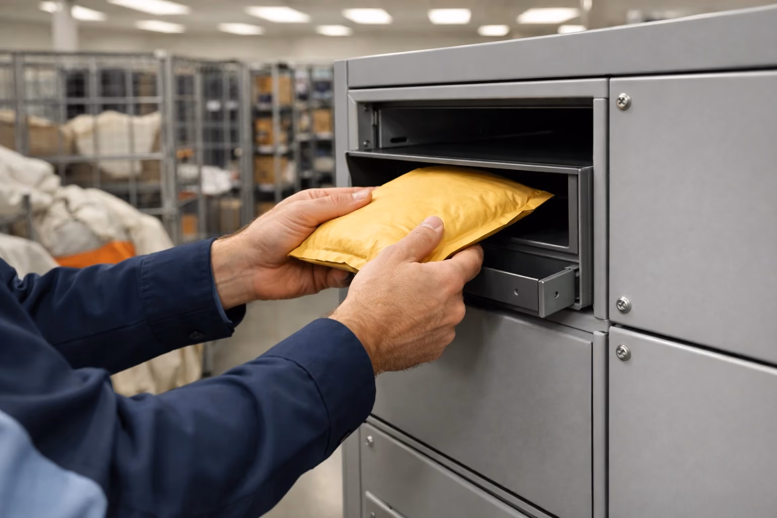 Postal worker placing a registered mail envelope into secure mail locker at post office.