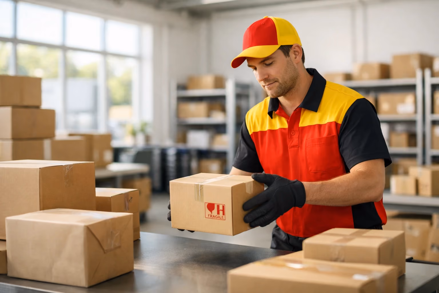DHL worker handling a fragile package in a bright warehouse surrounded by parcels