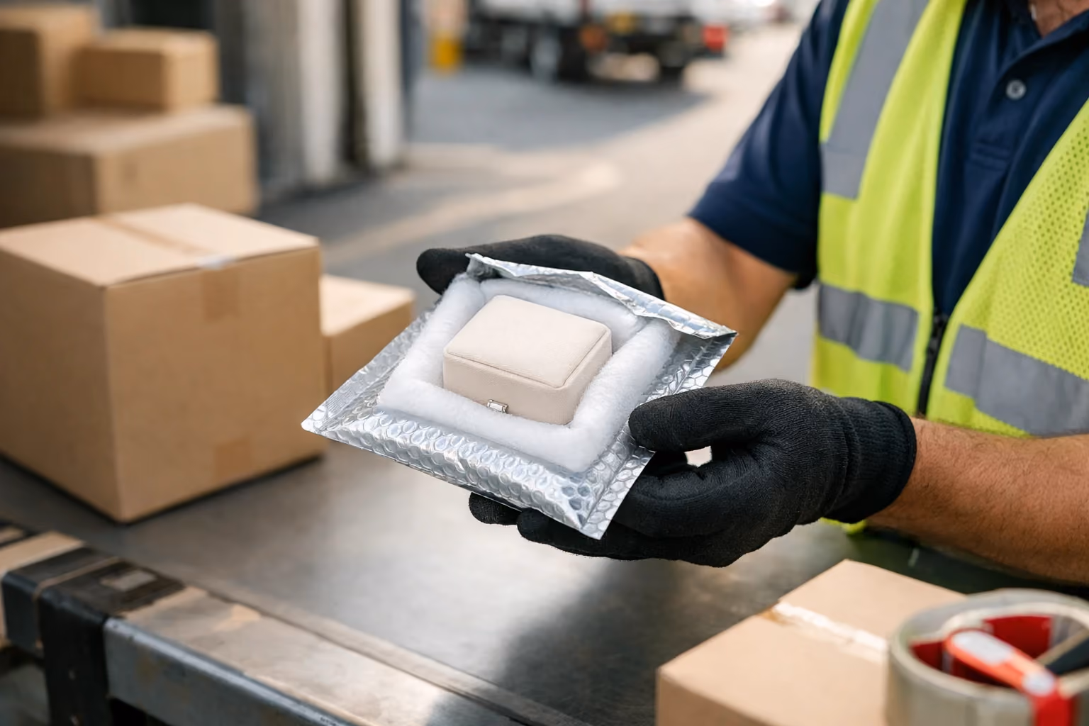 A secure jewelry package being handled by a shipper among shipping boxes at a loading dock.