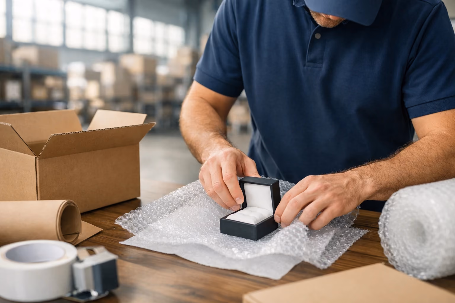 Courier wrapping a jewelry box for shipping amid packaging materials in a warehouse.