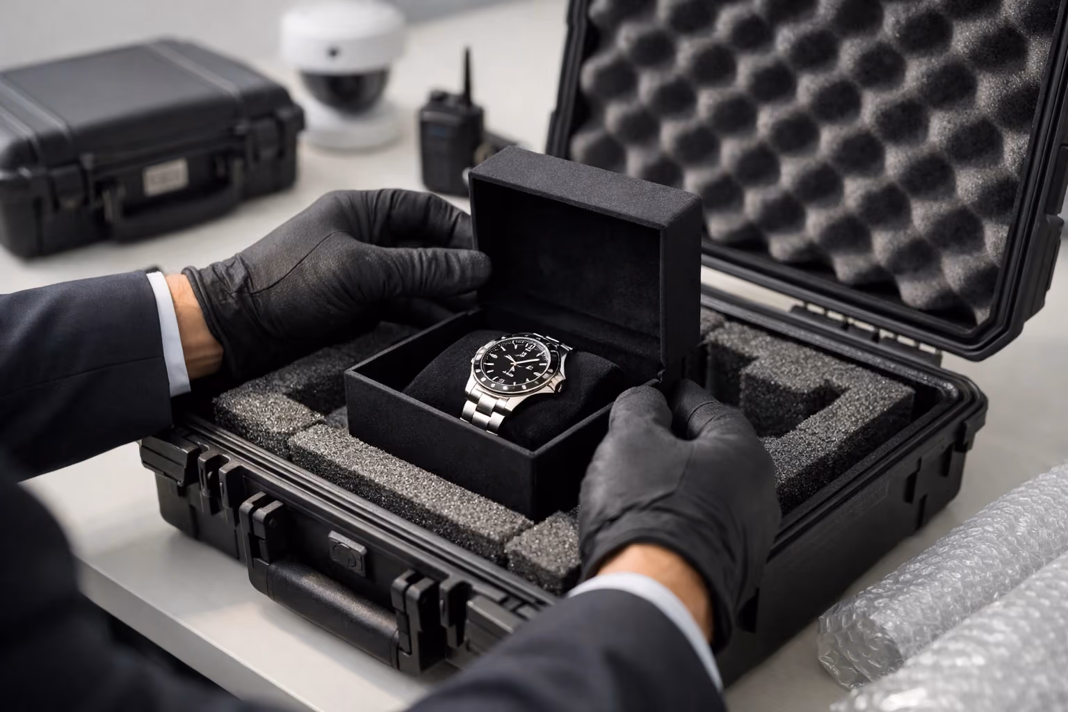 Gloved hands packing a luxury wristwatch into a secure shipping container on a clean workstation.