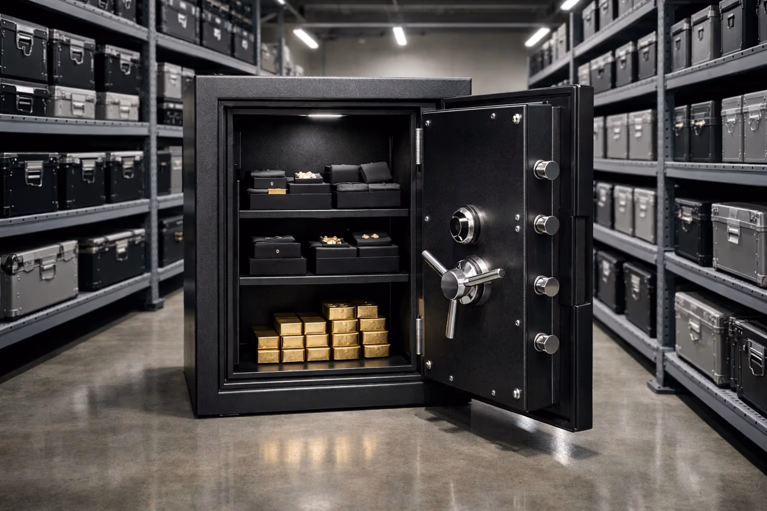 open safe box with secured crates for jewelry in a warehouse