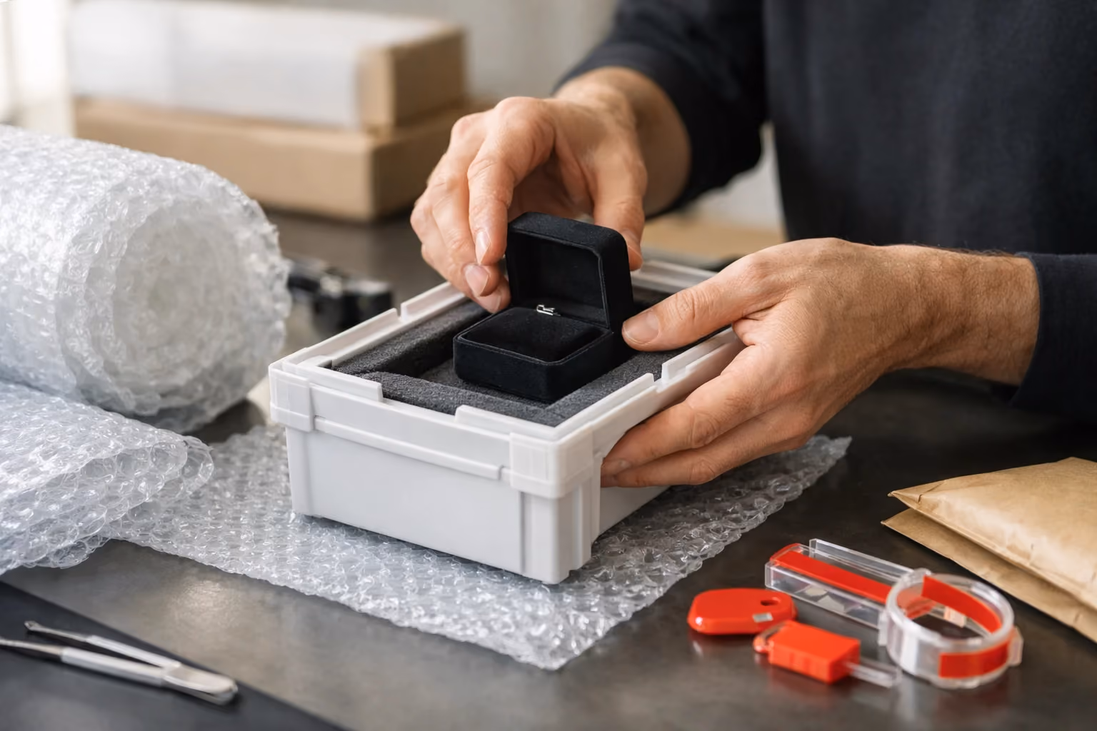 Jeweler packing a secure jewelry box into a tamper-evident shipping container