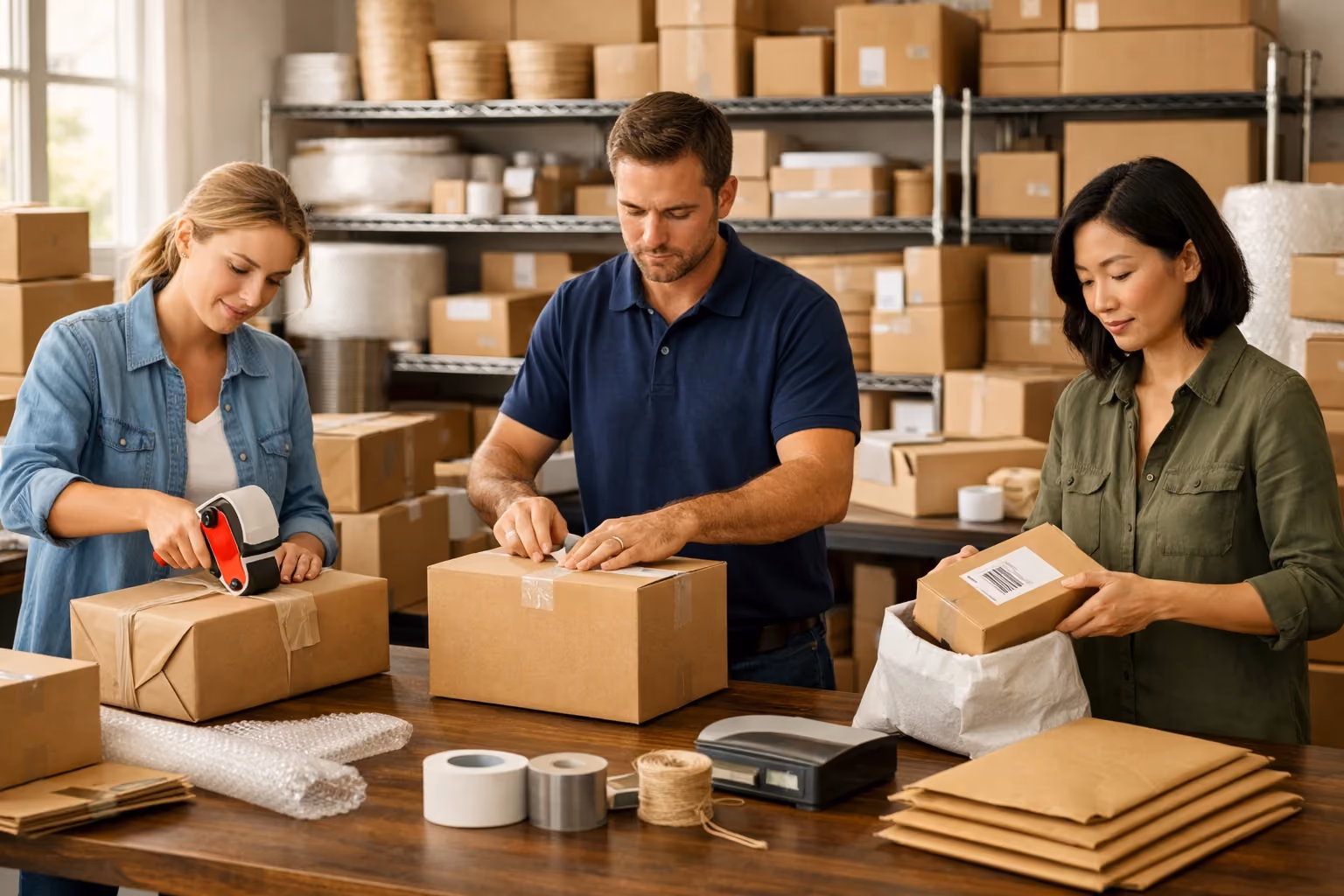 Workers packing and labeling parcels in a small business shipping station.