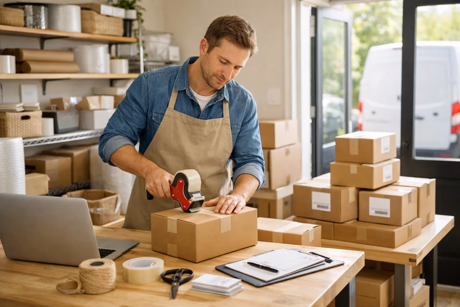 Small business owner packing FedEx boxes for shipping in a workshop.