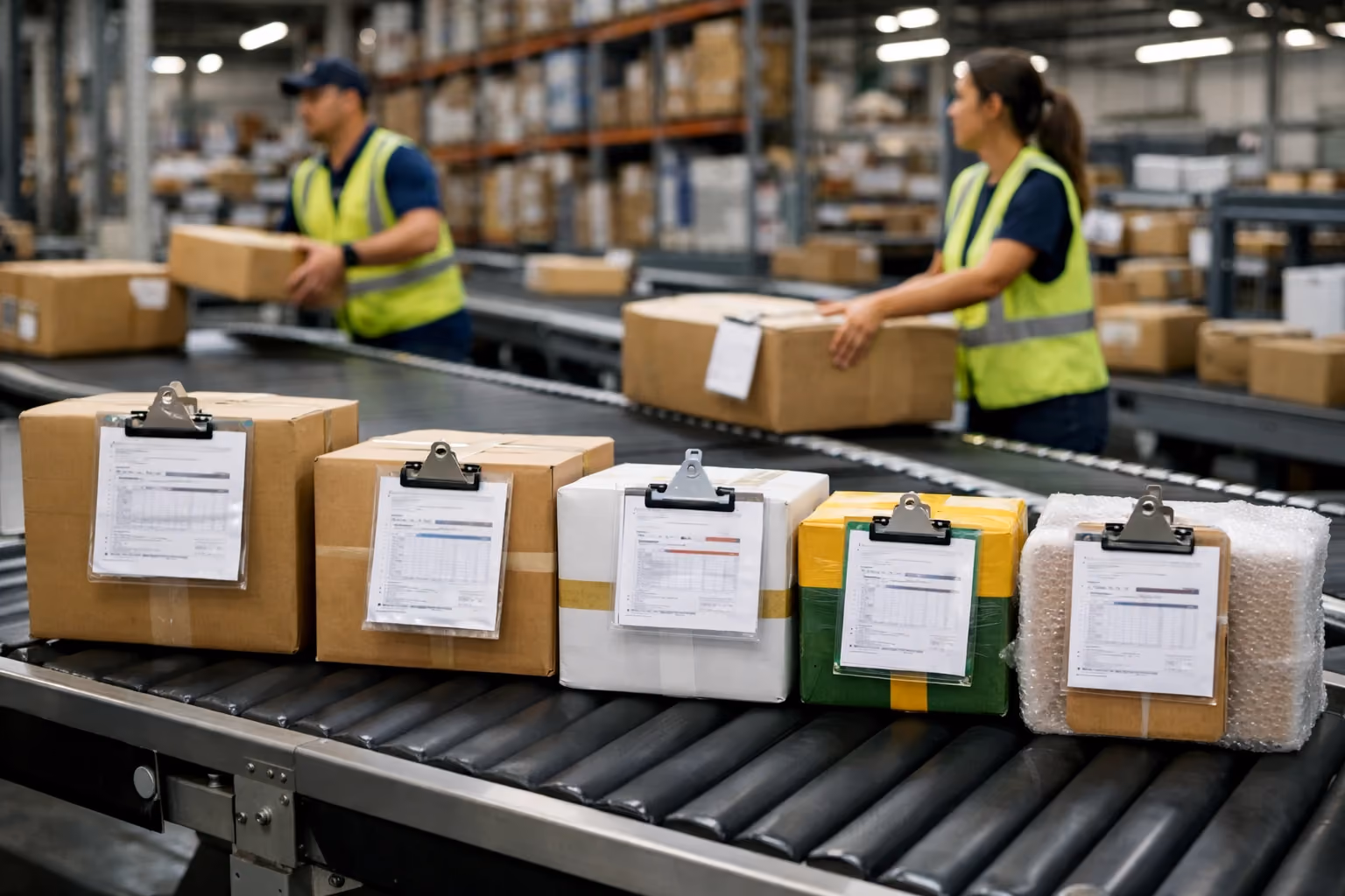 Workers handling international parcels in a busy warehouse with destination labels and shipping documents.
