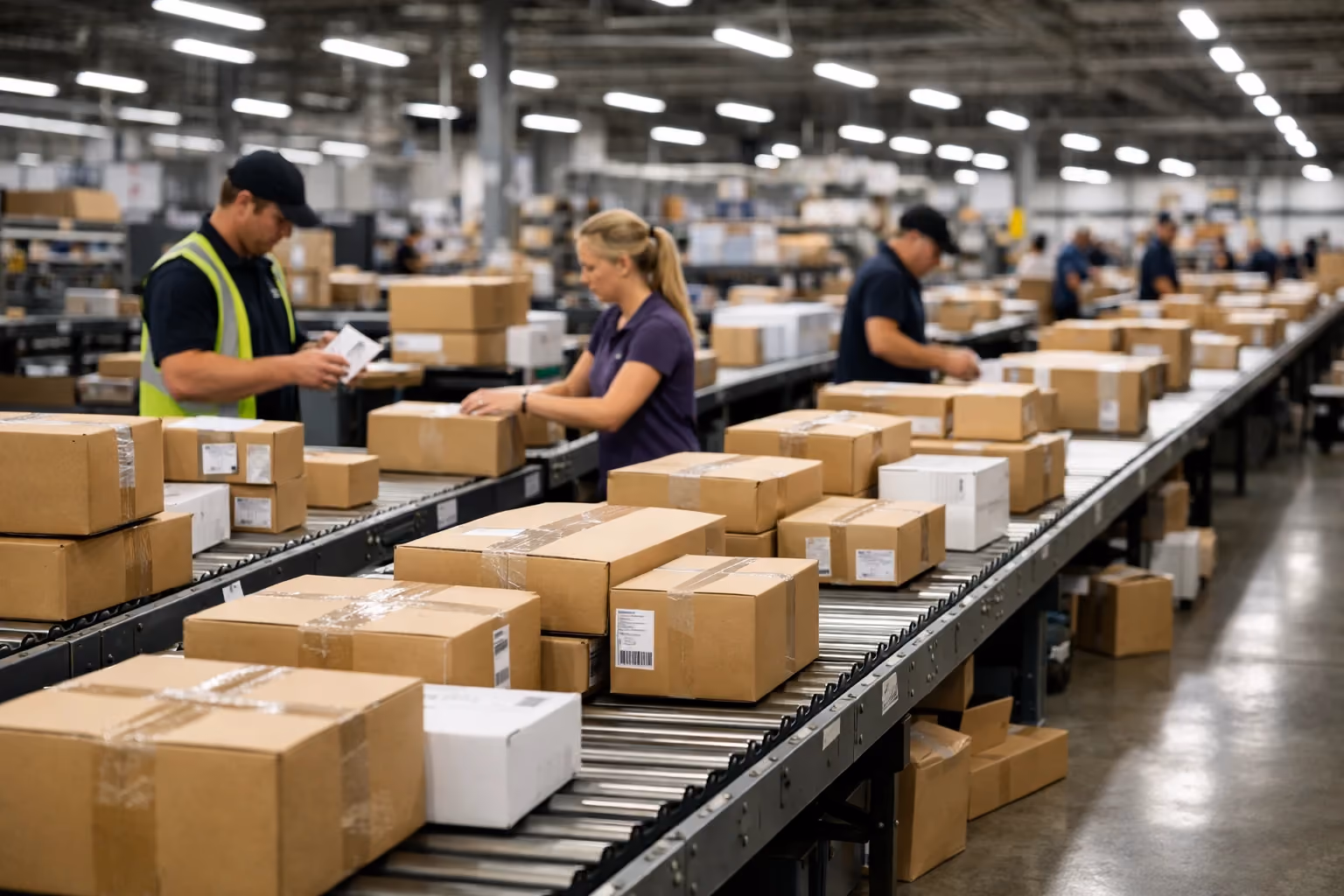 Warehouse workers sorting and packing FedEx shipping boxes on conveyor belts in a bright shipping facility.