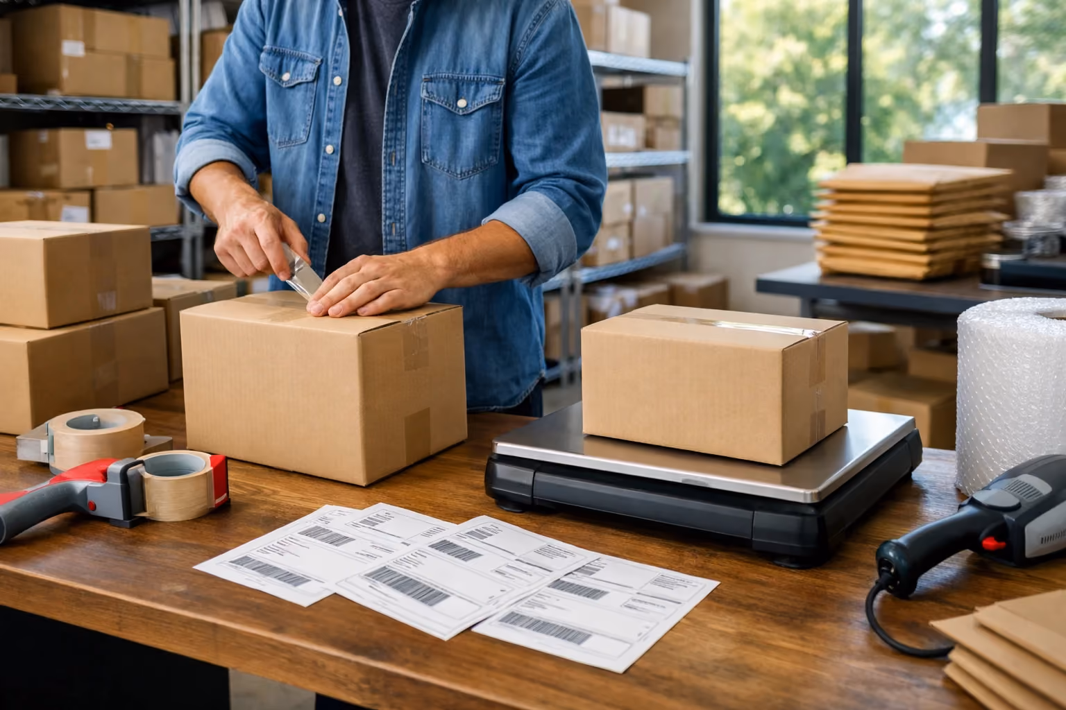 Seller packing Amazon orders with boxes, scale, and shipping labels in a warehouse.