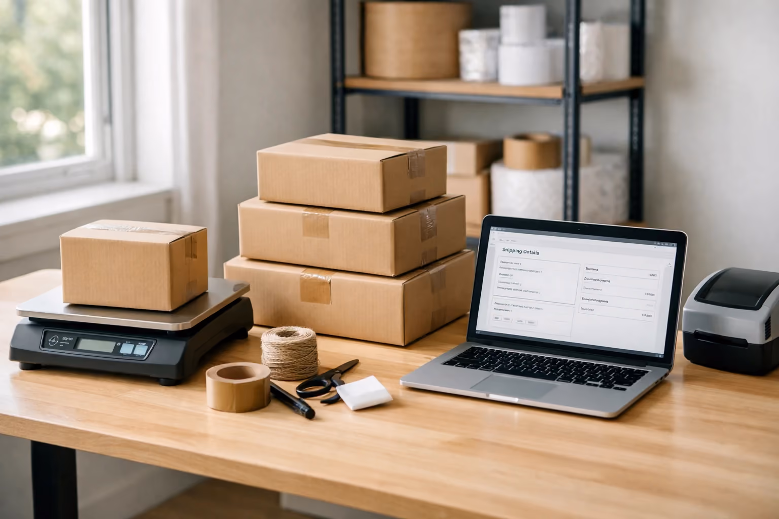 Workspace of an eBay seller packing and weighing packages for shipping